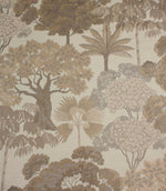Woodlands Natural fabric featuring an elegant woven woodland landscape with stylised trees and foliage in soft beige, taupe and cream tones on a light natural background.