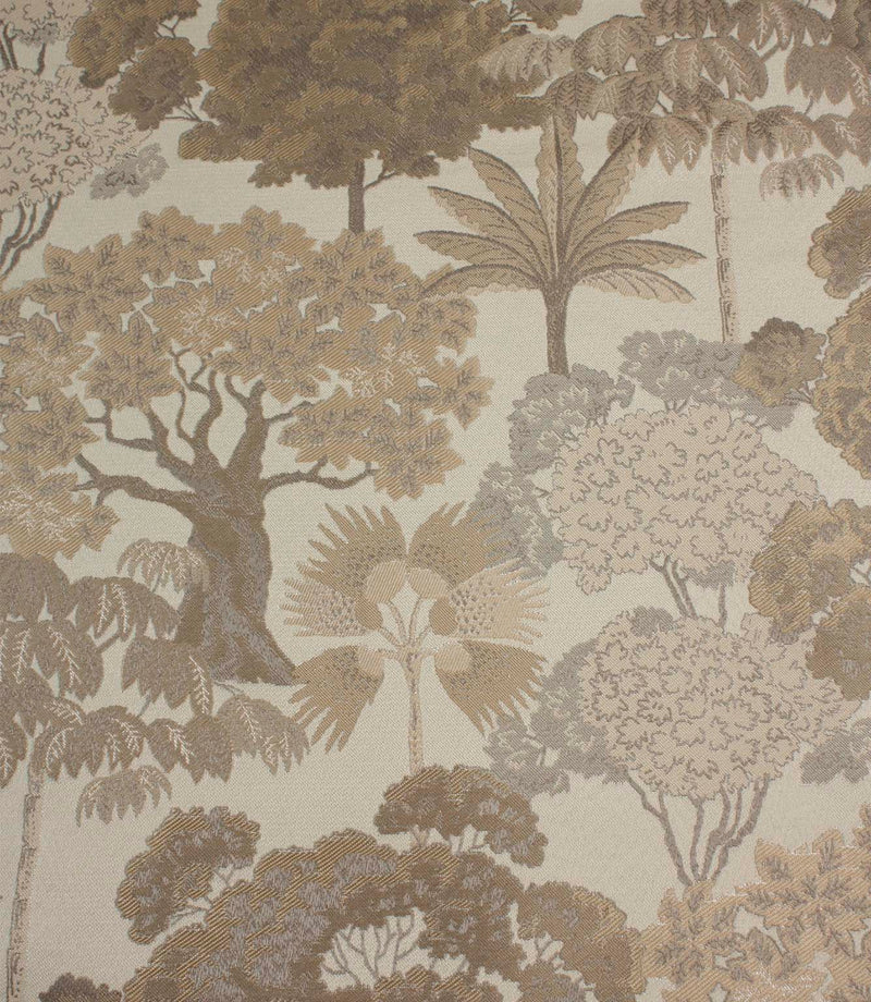 Woodlands Natural fabric featuring an elegant woven woodland landscape with stylised trees and foliage in soft beige, taupe and cream tones on a light natural background.
