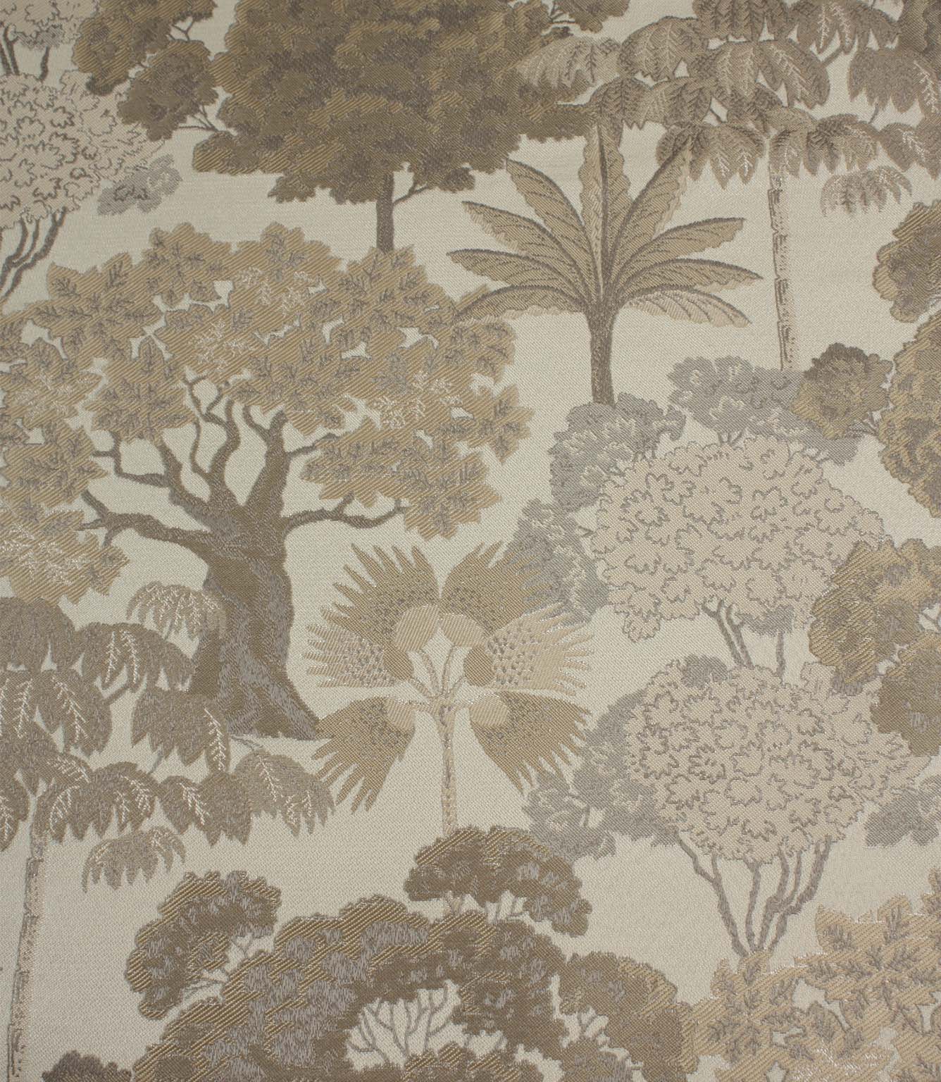 Woodlands Natural fabric featuring an elegant woven woodland landscape with stylised trees and foliage in soft beige, taupe and cream tones on a light natural background.