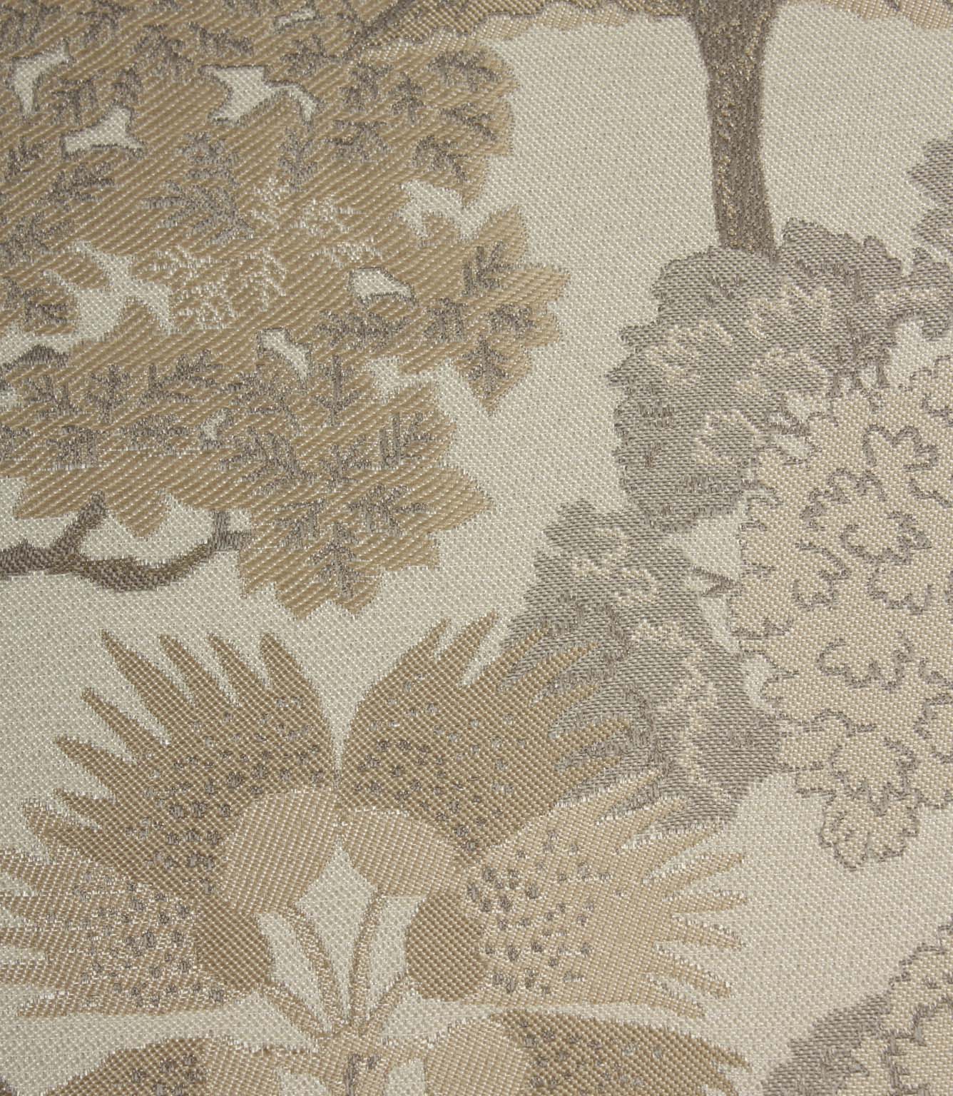 Close-up of Woodlands Natural fabric highlighting the intricate jacquard weave, textured foliage and layered neutral colour palette.