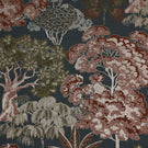Woodlands Navy fabric featuring an intricate woven woodland scene with stylised trees and foliage in rust, olive green and cream on a deep navy background.