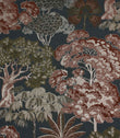 Woodlands Navy fabric featuring an intricate woven woodland scene with stylised trees and foliage in rust, olive green and cream on a deep navy background.