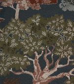 Close-up of Woodlands Navy fabric highlighting the detailed jacquard weave, textured tree canopy and rich woodland-inspired design.