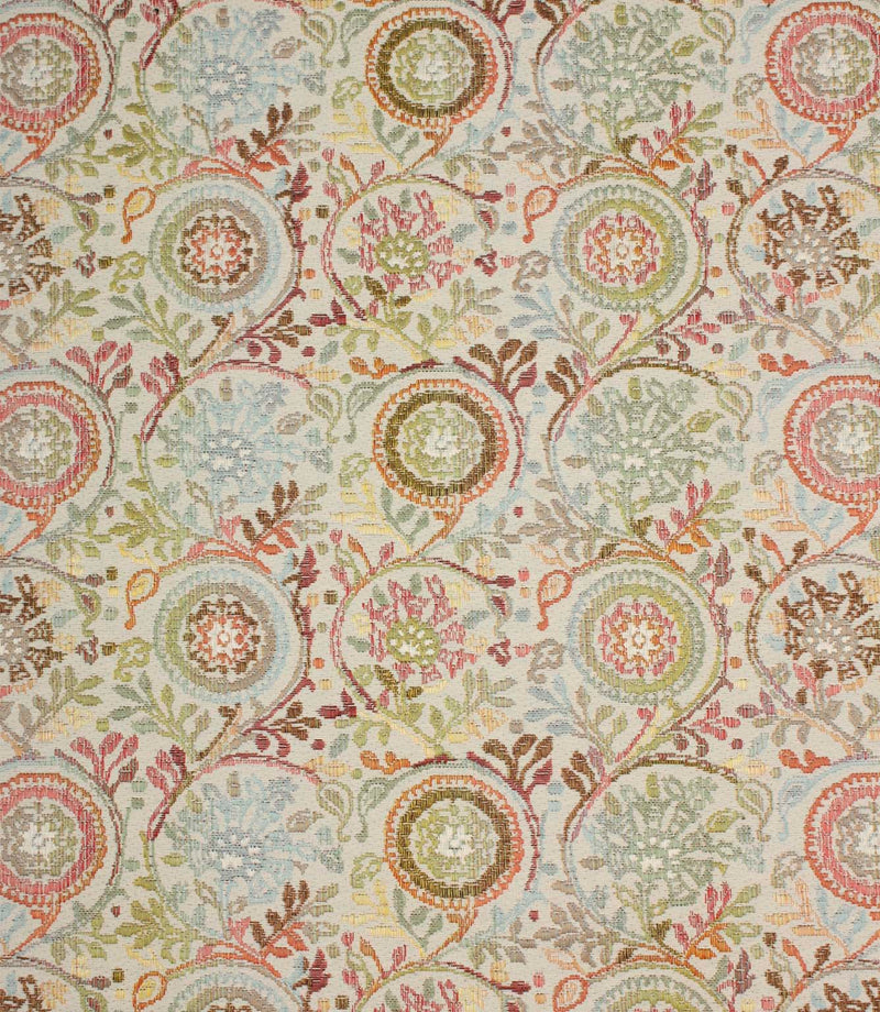Full view of Wychwood Jasmine woven fabric featuring a contemporary floral and foliage pattern in soft blue, sage green, coral pink and warm neutral tones.