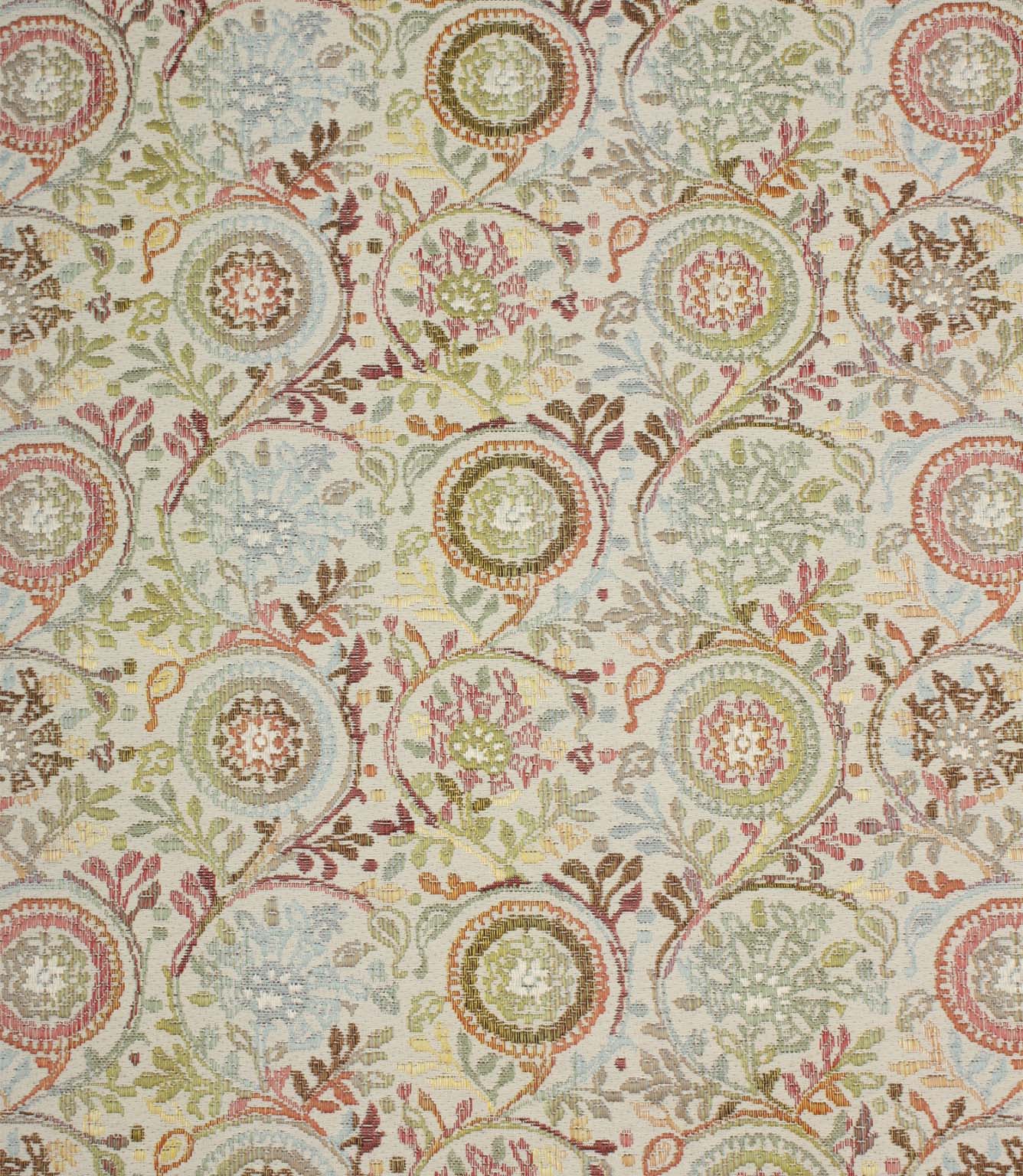 Full view of Wychwood Jasmine woven fabric featuring a contemporary floral and foliage pattern in soft blue, sage green, coral pink and warm neutral tones.