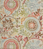Close-up of Wychwood Jasmine woven floral fabric showing intricate botanical motifs in pastel blue, green, coral and earthy brown shades.