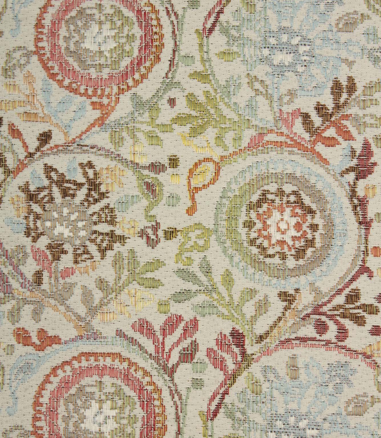 Close-up of Wychwood Jasmine woven floral fabric showing intricate botanical motifs in pastel blue, green, coral and earthy brown shades.