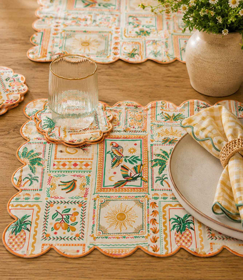 Tropical fabric placemats in summer dining room
