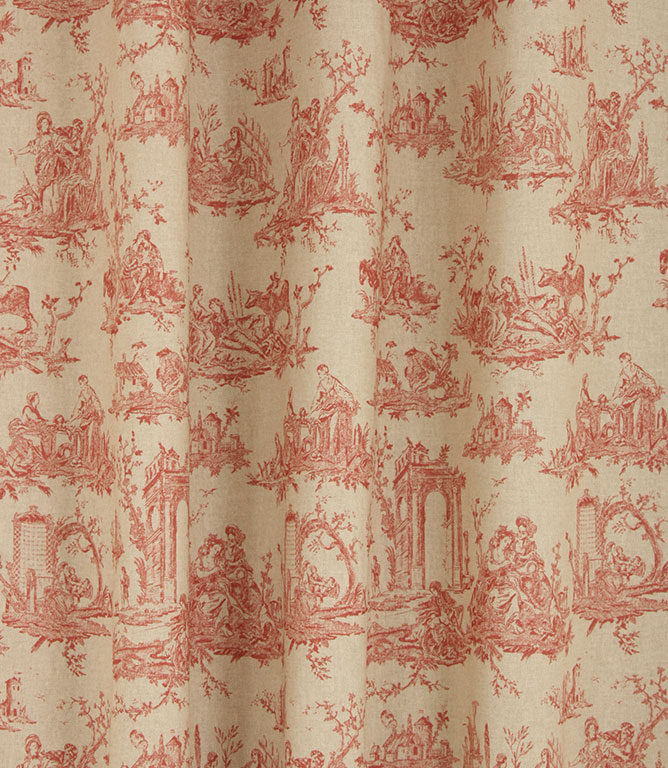 French Toile Linen Fabric / Red